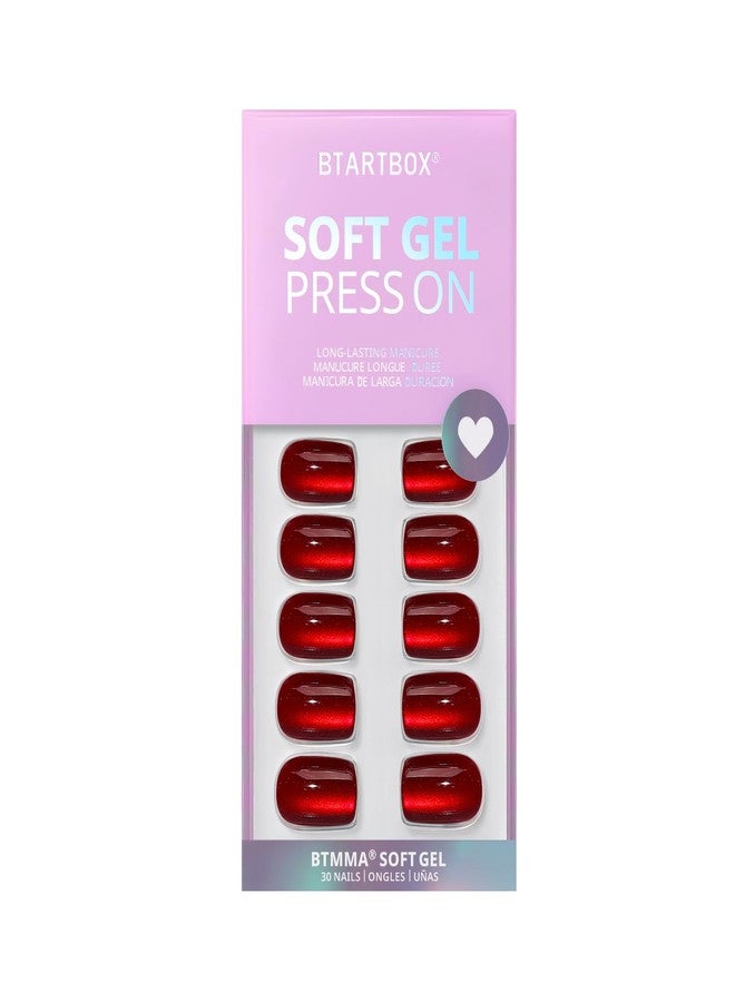 BTArtbox Press On Nails Red - Cat Eye Press On Nails Square for Gifts,Cherry Short Stick On Nails with Glue, Glossy Reusable Nail Tips in 15 Sizes - 30 Soft Gel Fake Nails Kit, Hot Love - Image 3